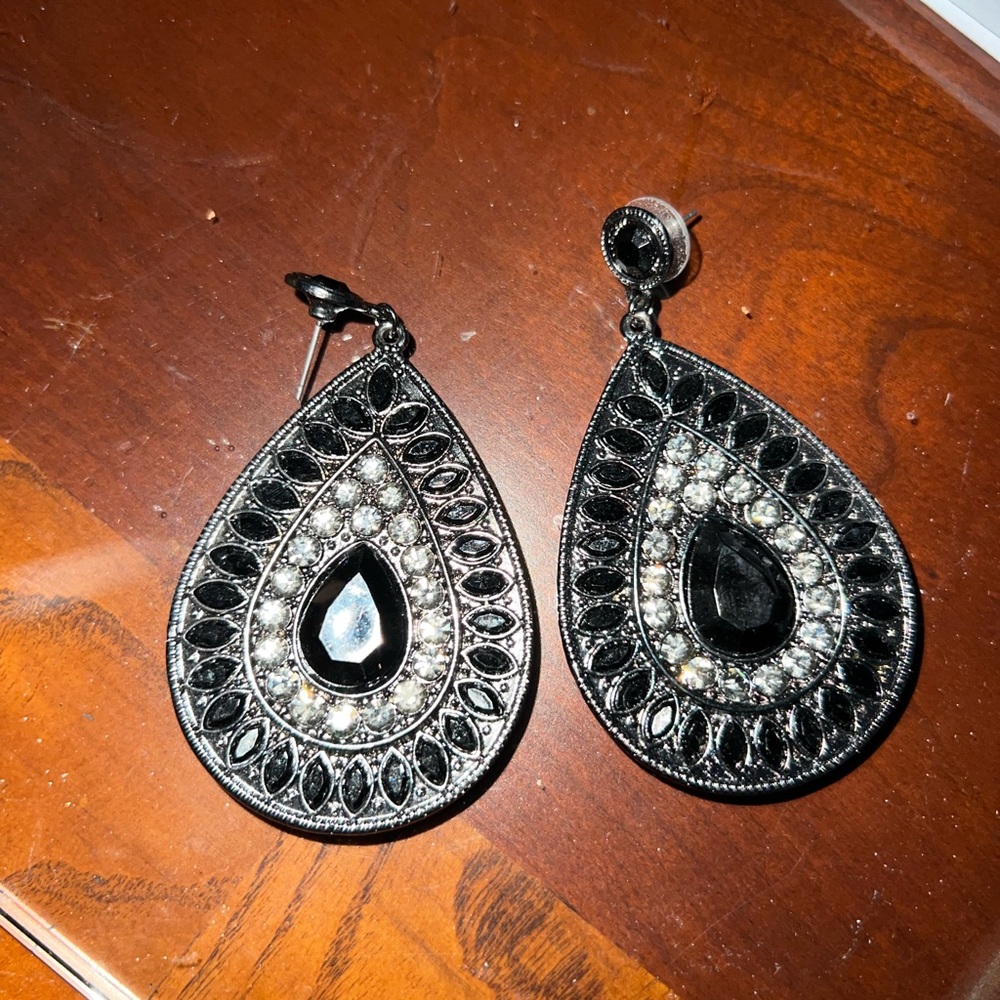 Large Elegant Black and Silver Teardrop Earrings